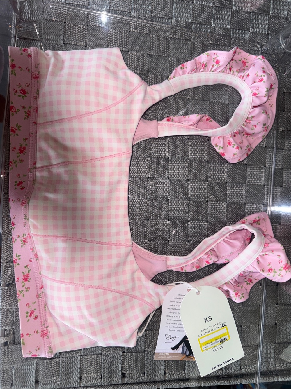 Blogilates Gingham Floral-Trim Bralette NWT SIZE XS